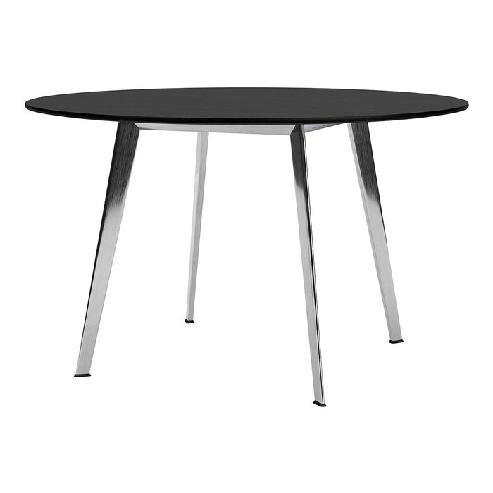 Round black tabletop with sleek silver legs, showcasing a modern and minimalist design. Perfect for contemporary spaces.