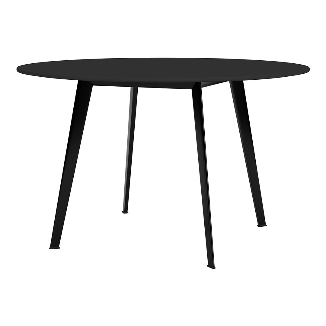 Round black dining table with sleek, matte finish and sturdy black legs, perfect for modern home decor.