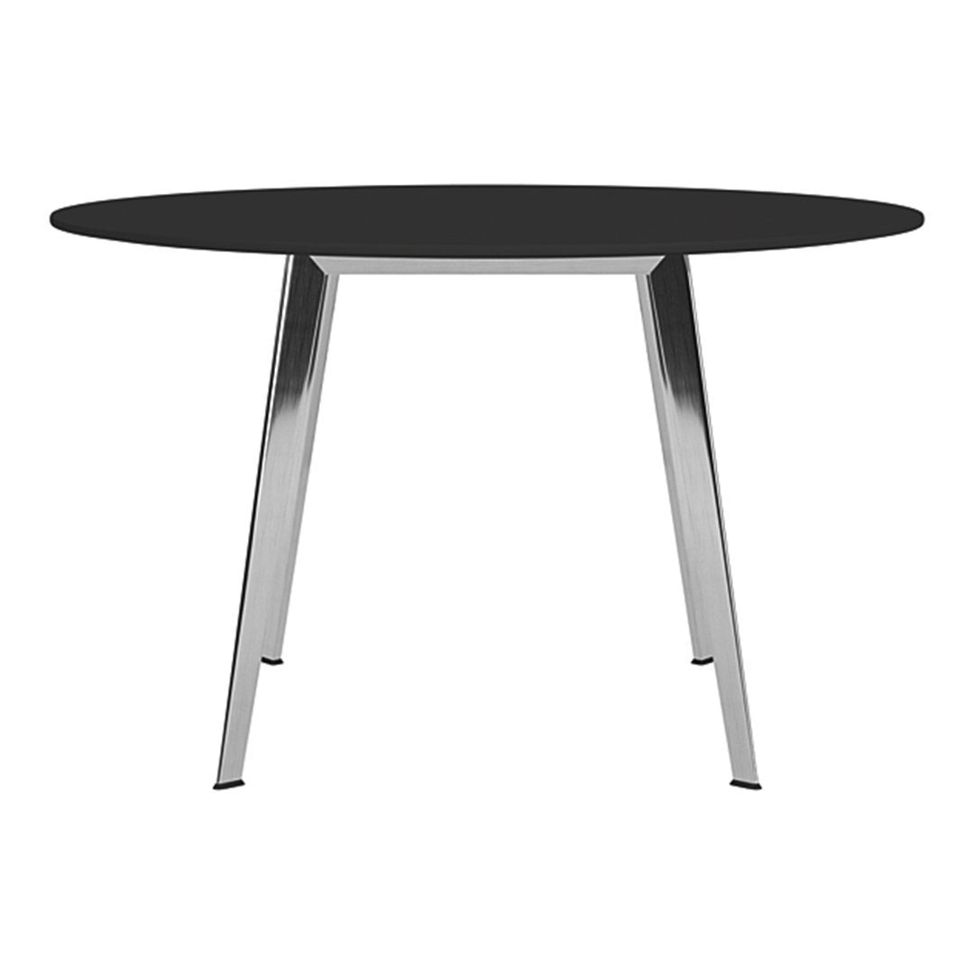 Black circular tabletop with sleek stainless steel legs, creating a modern and minimalist design.