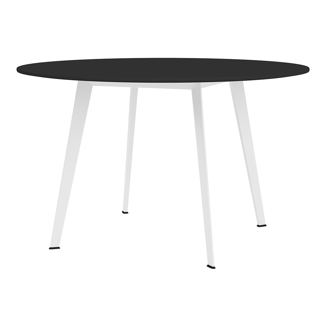 Black round tabletop with sleek white legs for a modern minimalist look. Perfect for contemporary dining spaces.