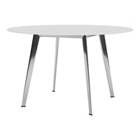 Round white table with sleek silver legs, showcasing a modern and minimalist design. Perfect for contemporary spaces.