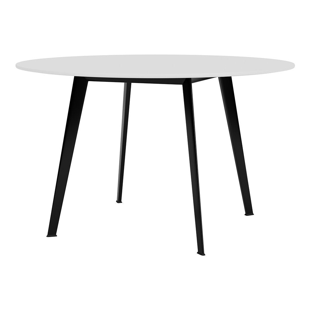 Round table with a sleek white top and black metal legs, perfect for modern dining spaces.