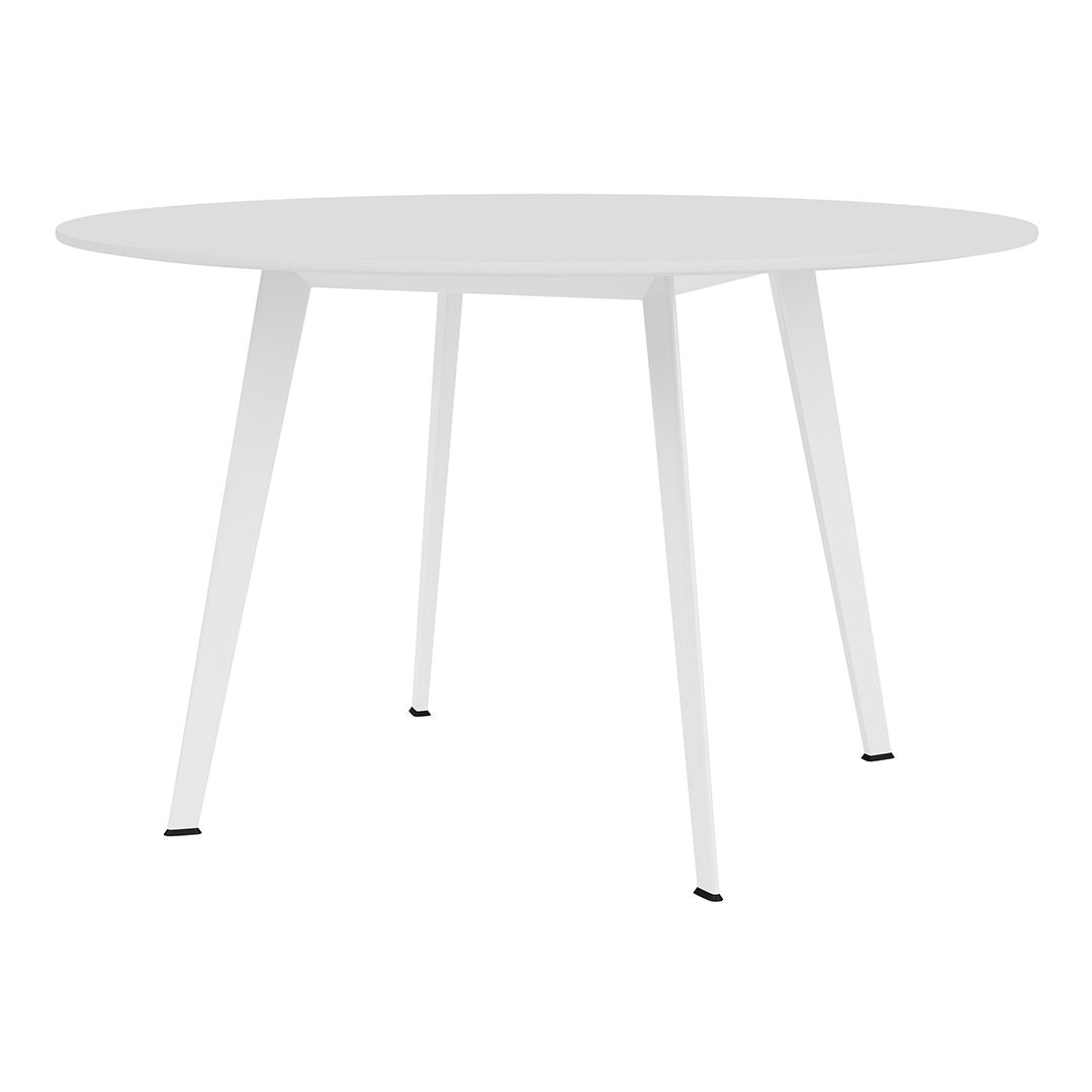 Round white table with sleek legs, featuring a modern minimalist design and smooth surface. Perfect for any decor.