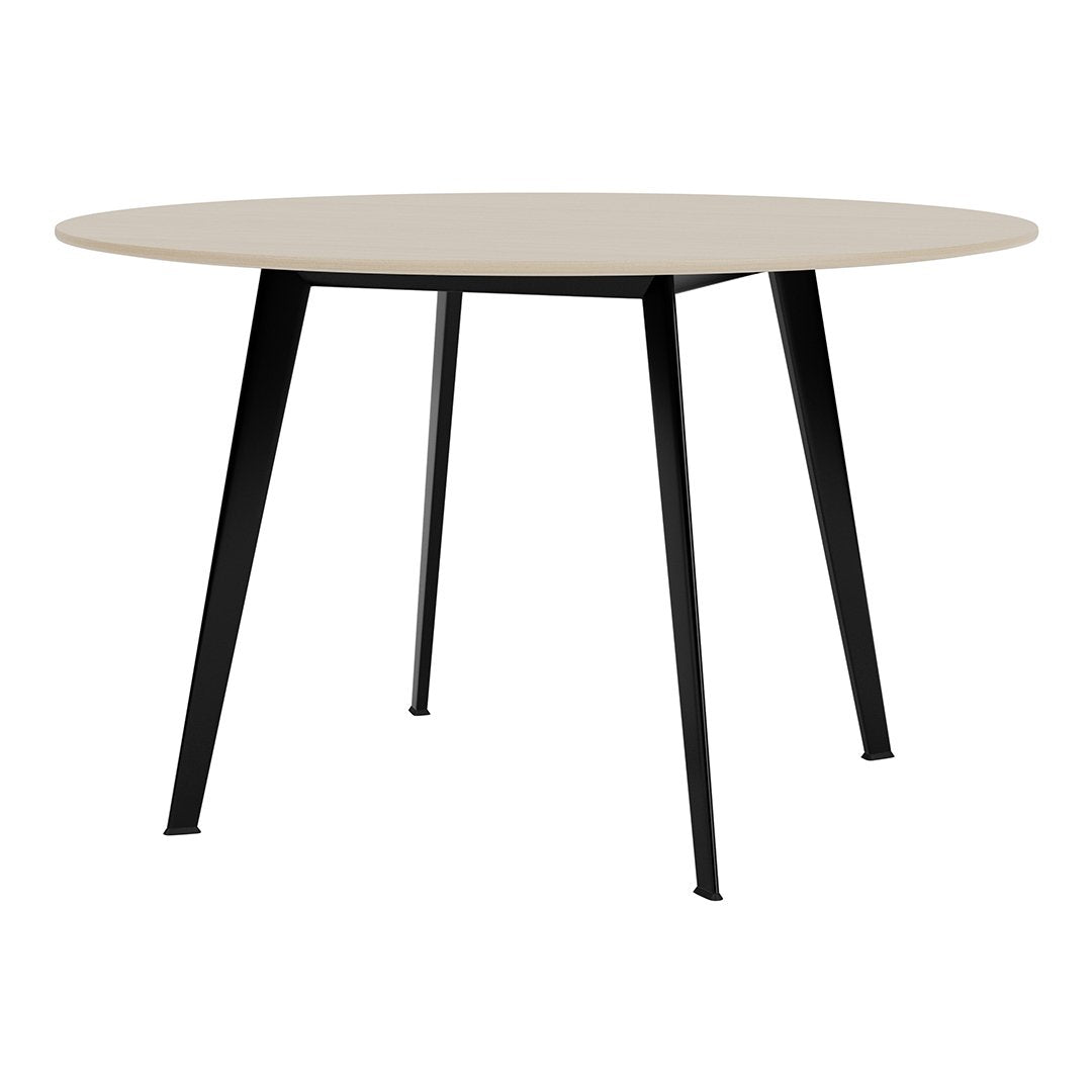 Round table with a light wood finish and sleek black metal legs, showcasing a modern, minimalist design.