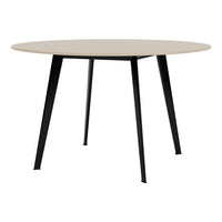 Round table with a light wood finish and sleek black metal legs, showcasing a modern, minimalist design.