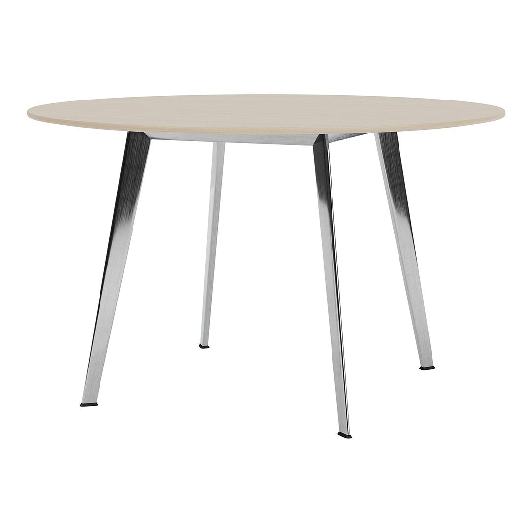 Round wooden table with a light beige top and sleek chrome legs for a modern touch.