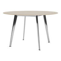 Round wooden table with a light beige top and sleek chrome legs for a modern touch.