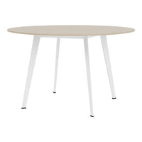Light wood tabletop with a natural finish and sleek white legs; modern, minimalist design with a neutral palette.