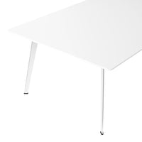 White tabletop with sleek, minimalist design; glossy finish and contrasting black accents on the legs.