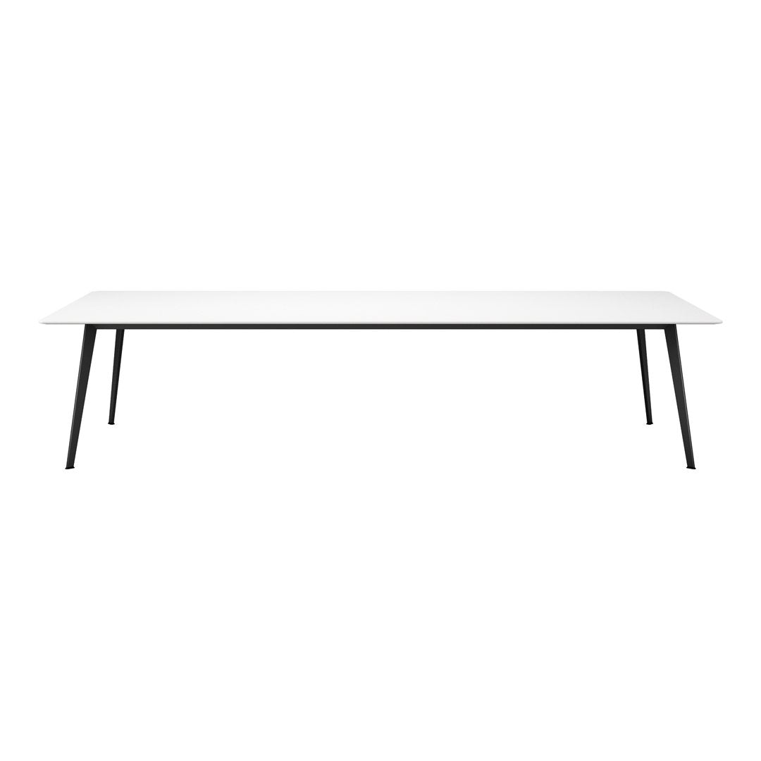 White rectangular table with sleek black legs, modern minimalist design, perfect for any contemporary space.