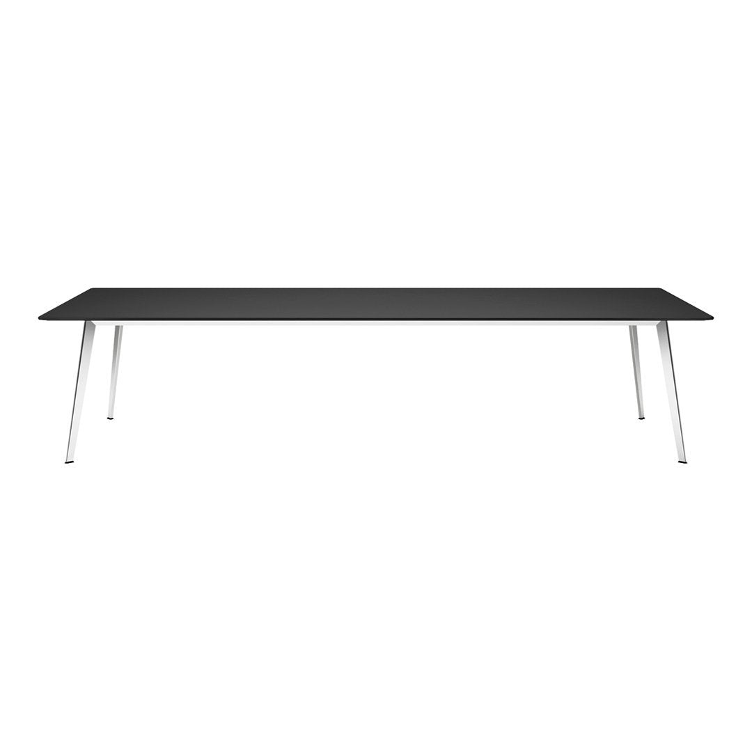Sleek black tabletop with silver legs, modern and minimalist design perfect for any contemporary space.
