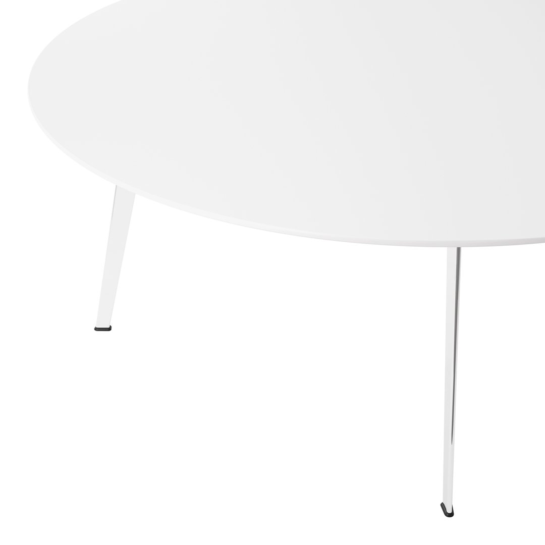 Minimalist round table featuring a sleek white top and slender white legs with black tips. Perfect for modern decor.