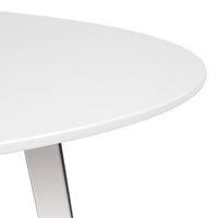 White, glossy tabletop with a smooth, round surface featuring sleek steel legs for a modern look.