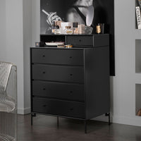 Modern black dresser with matte finish, sleek design, and minimalist patterns, enhancing contemporary decor.