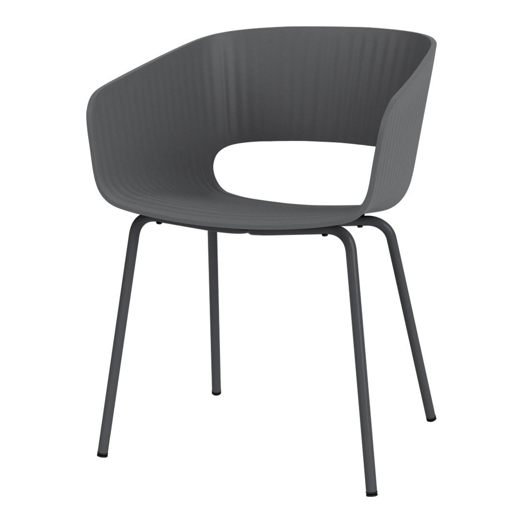 Modern gray chair with a ribbed pattern and sleek metal legs, perfect for contemporary decor.