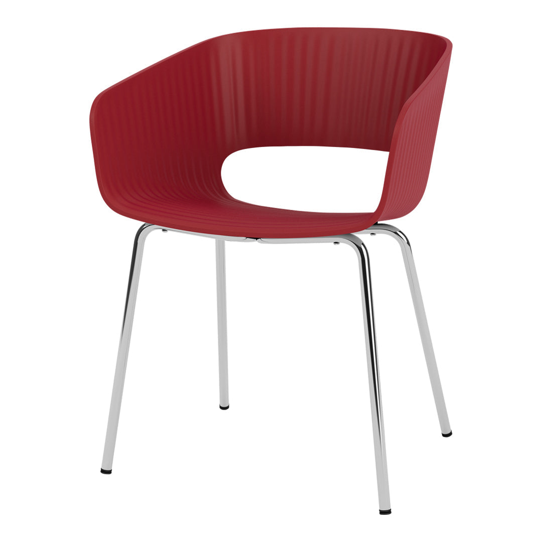 Sleek red chair with vertical ribbed pattern and glossy chrome legs, perfect for modern decor.