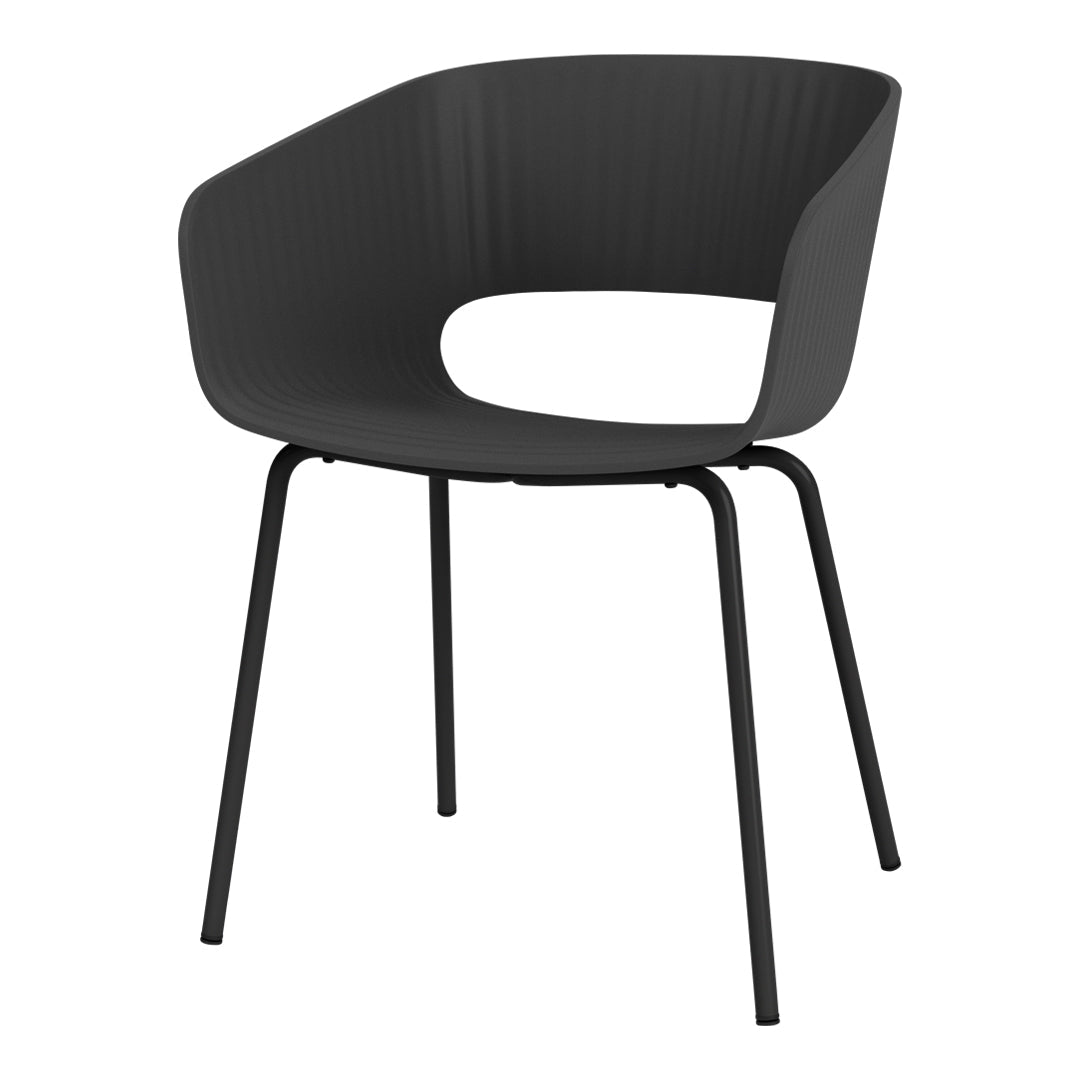 Modern black chair with ribbed texture and sleek black metal legs, perfect for contemporary decor.