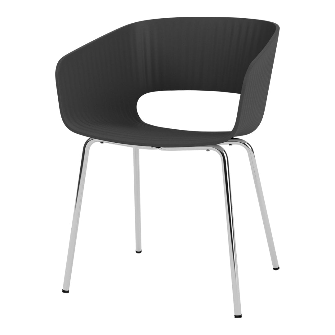 Black ribbed chair with a sleek chrome frame, featuring a modern design and minimalist aesthetic.