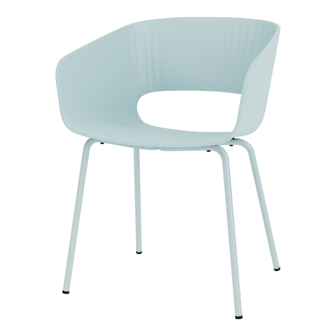 Light blue chair with ribbed design and sleek metal legs, adding a modern touch to any decor.