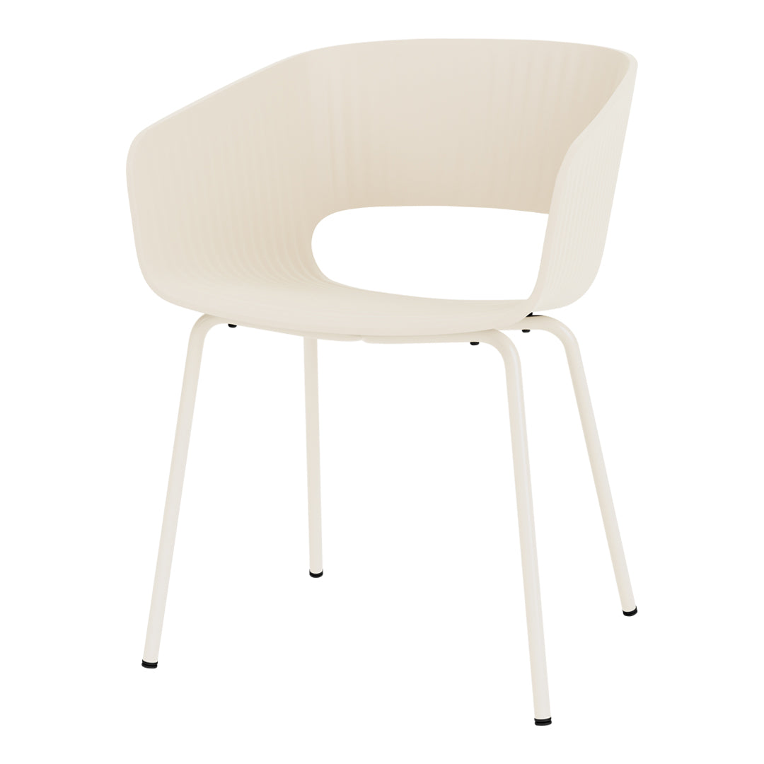 Cream-colored chair with ribbed texture and slim black legs. Modern design, perfect for minimalistic decor.