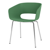 Green ribbed plastic chair with sleek chrome legs, ideal for modern decor. Perfect blend of style and comfort.