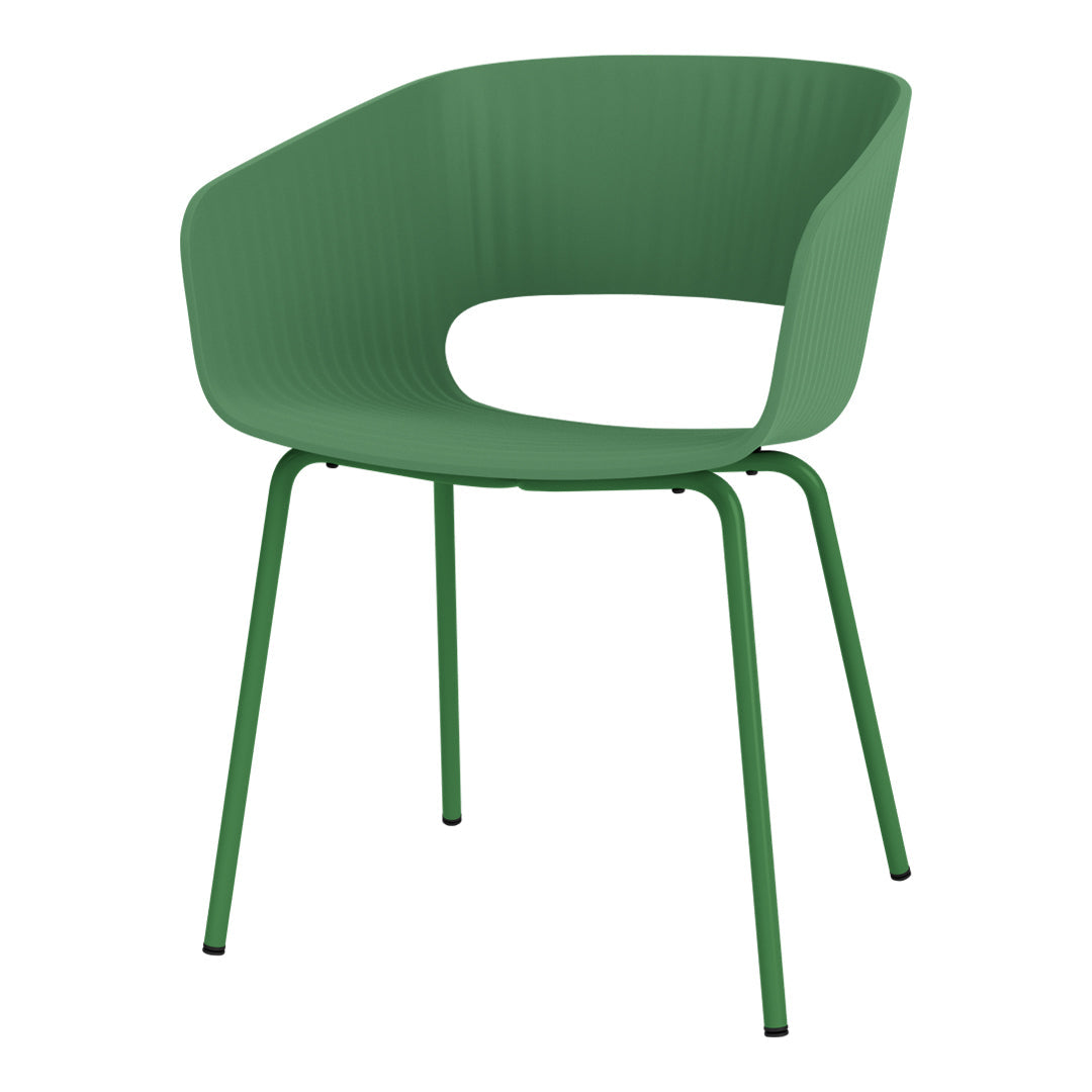 Green ribbed chair with matching legs, featuring a sleek, modern design perfect for contemporary decor.