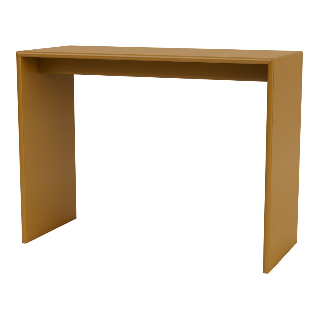 Modern minimalist console table in warm mustard yellow, featuring a sleek, solid design and smooth finish.