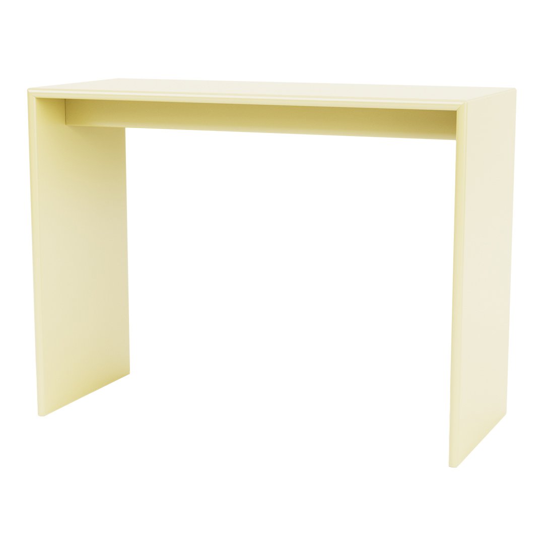 Minimalist console table in soft pastel yellow, featuring a smooth, matte finish and sleek, modern design.