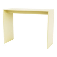Minimalist console table in soft pastel yellow, featuring a smooth, matte finish and sleek, modern design.