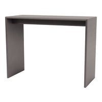 Sleek gray console table with a minimalist design, featuring a smooth matte finish and clean lines.