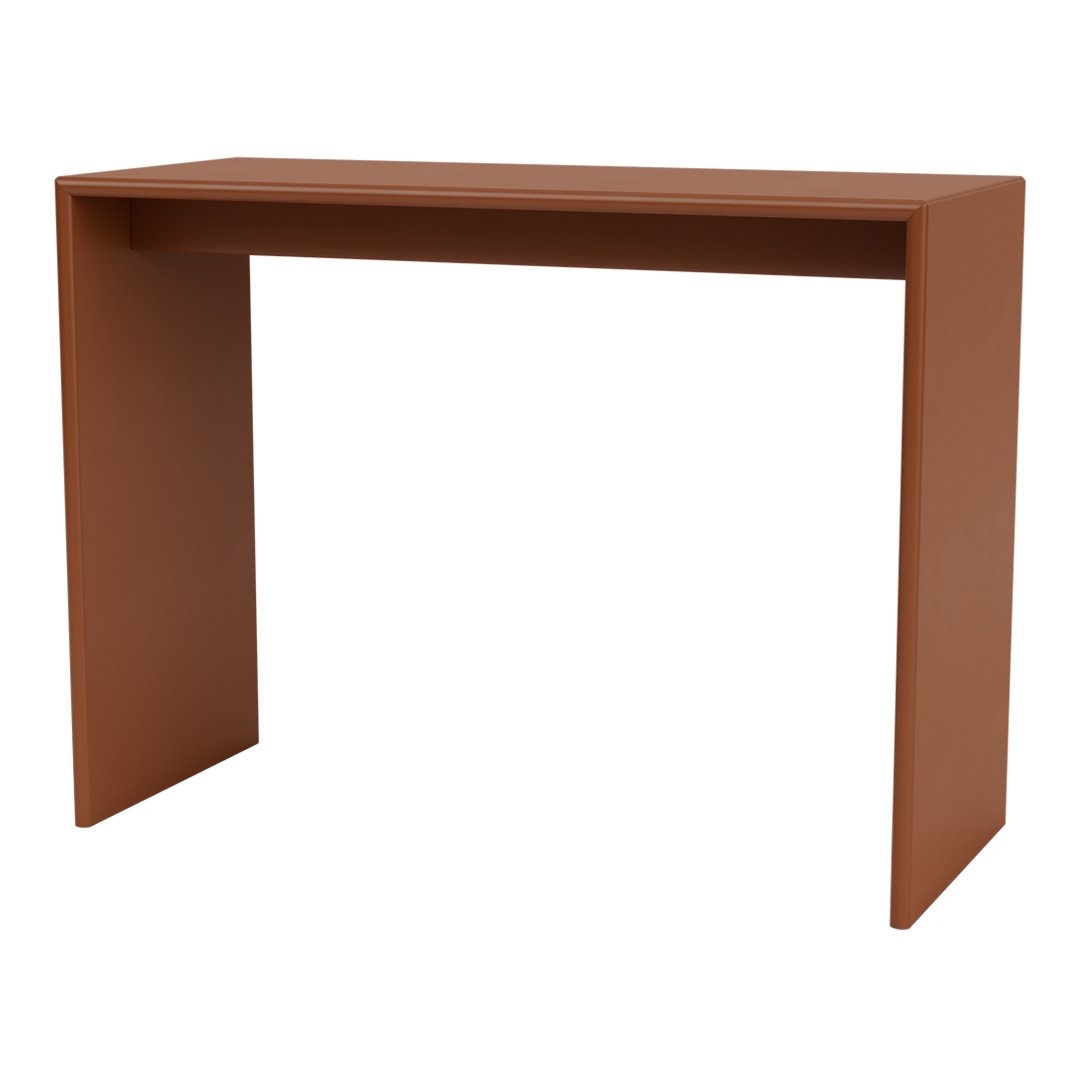 Rust-colored console table with a sleek, minimalist design and smooth, matte finish. Ideal for modern decor.