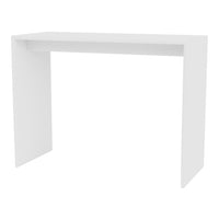 Sleek white console table with a minimalist design, featuring smooth surfaces and clean lines. Perfect for modern decor.