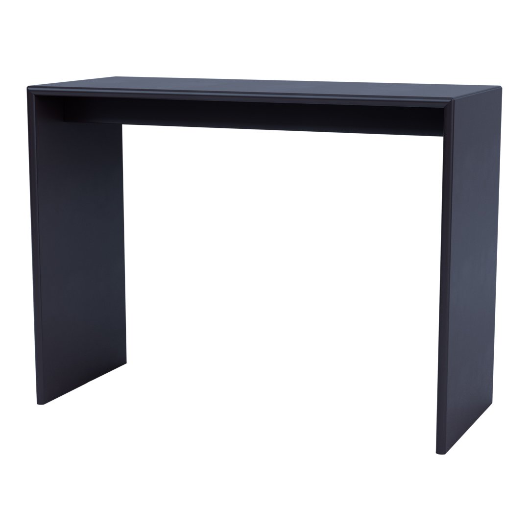 Sleek black console table with a minimalist design, featuring smooth surfaces and sharp angles. Ideal for modern decor.