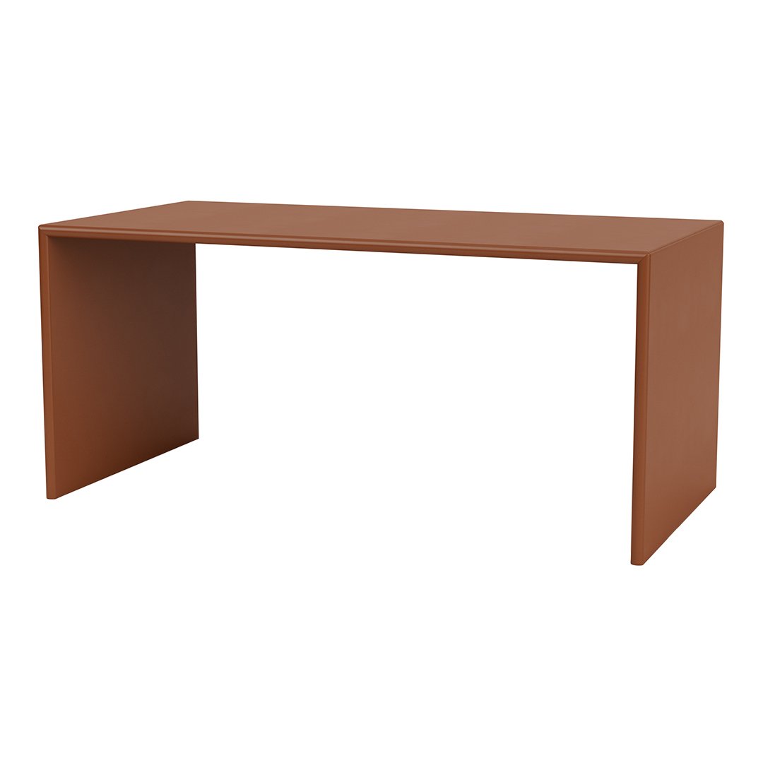 Sleek, modern table in earthy terracotta, featuring a minimalist design with smooth, clean lines.