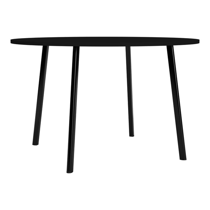 Round black dining table with sleek, minimalist design and straight legs for modern decor. Perfect for contemporary spaces.