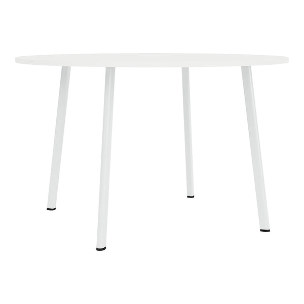 White round table with sleek design, featuring smooth surface and minimalistic solid legs in matching white.
