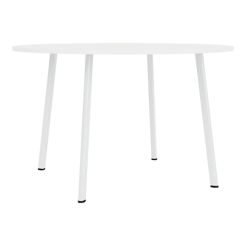 White round table with sleek design, featuring smooth surface and minimalistic solid legs in matching white.