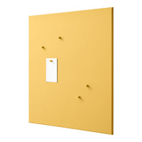 Yellow wall panel with minimalist design, featuring white note holder and matching yellow pegs. Perfect for organization.