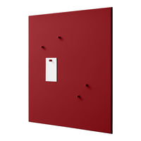 Red wall with white tag and four matching hooks, featuring a smooth, matte finish. Modern and minimalist design.
