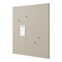 Beige wall panel with subtle texture, featuring white paper and small, coordinating hooks. Modern and minimalist design.