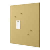 Yellow wall board with five protruding hooks and a white note holder adds a modern touch to any room decor.