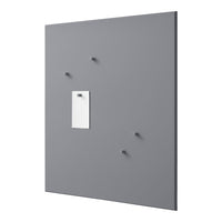 Gray wall panel with matching gray pegs and a white note holder, featuring a sleek, modern design.