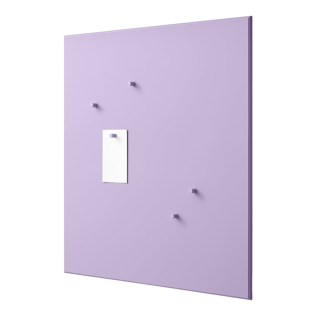Lavender wall with small coordinating hooks, featuring a contrasting white note holder. Elegant and minimalistic design.