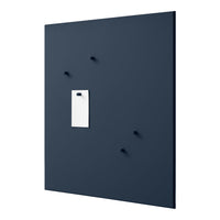 Navy blue wall board with white tag and four matching hooks for a modern, minimalist design.