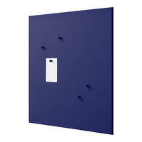 Navy blue board with four matching pegs and a contrasting white tag. Minimalist design and sleek color combination.