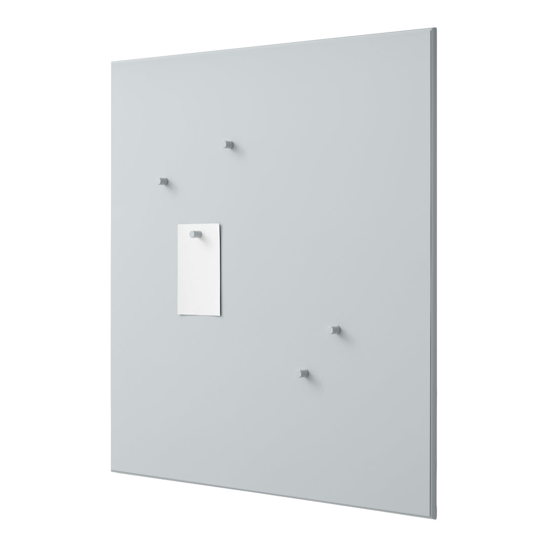 Light gray wall panel with white accent and minimalist pattern, featuring four small gray hooks.