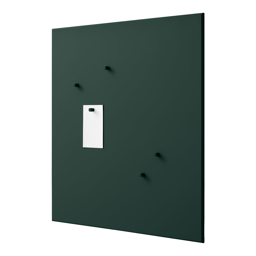 Dark green wall panel featuring a white insert and black hooks, creating a modern and minimalist design.