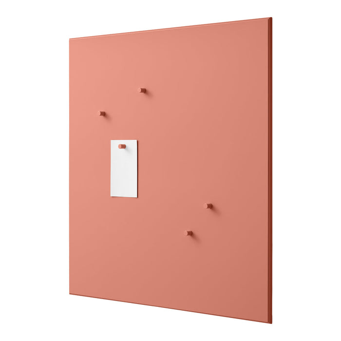 Coral pink wall board with four matching pegs and a white card holder for a modern aesthetic.