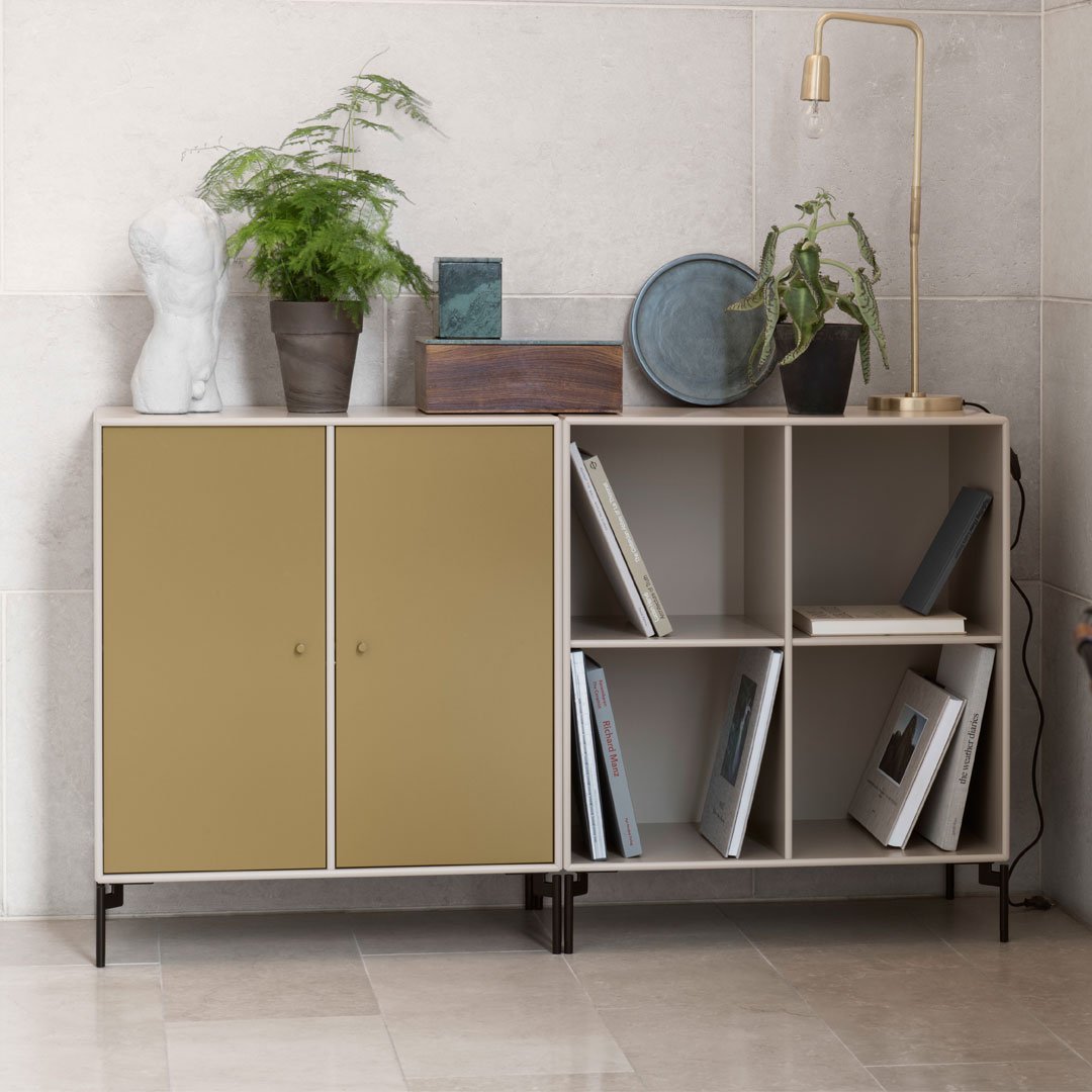 Stylish modern cabinet with a muted yellow-brown finish and beige shelving; sleek design complements various decor styles.