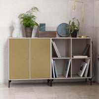 Stylish modern cabinet with a muted yellow-brown finish and beige shelving; sleek design complements various decor styles.